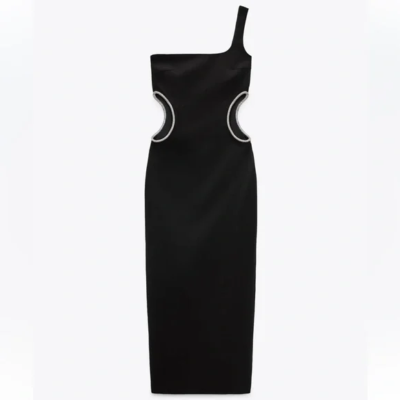Zara NWT black one shoulder rhinestone side cutout detail midi dress - Picture 6 of 9